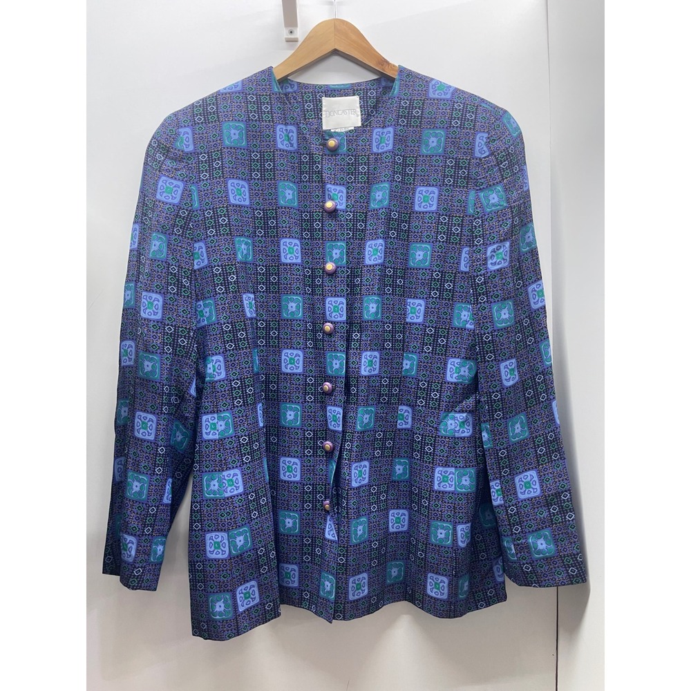 Doncaster Vintage Purple Blue Geometric Button Up Collarless Blazer Jacket 16